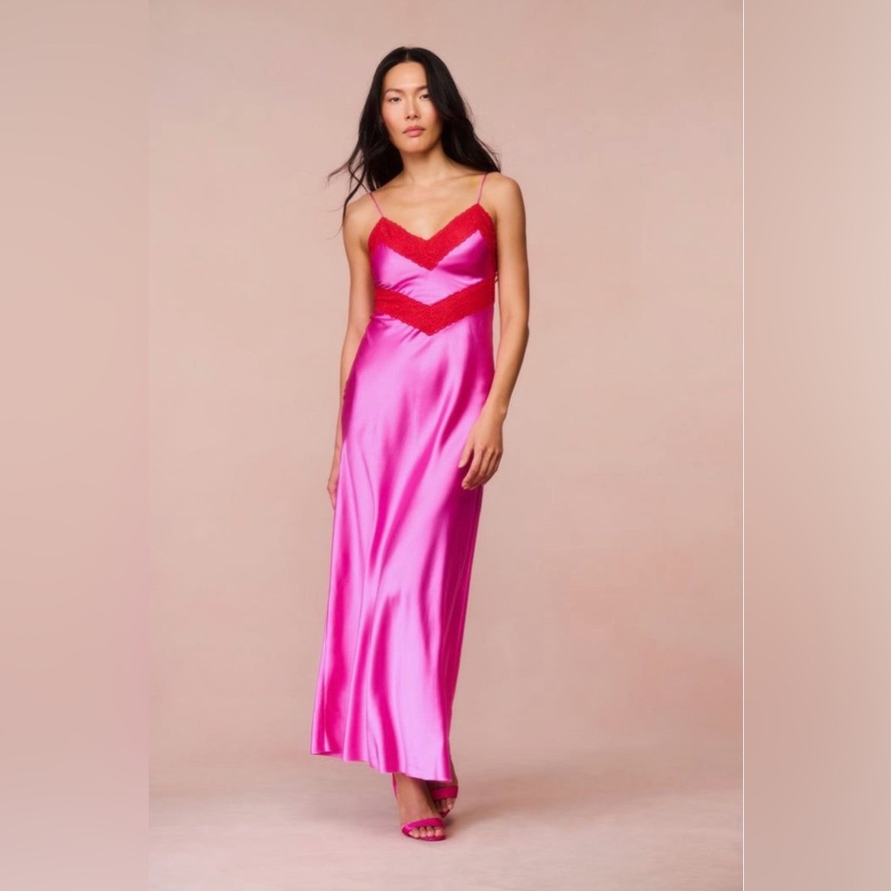 LoveShackFancy Serita Silk Maxi Dress in Red and Pink, Size Extra Small